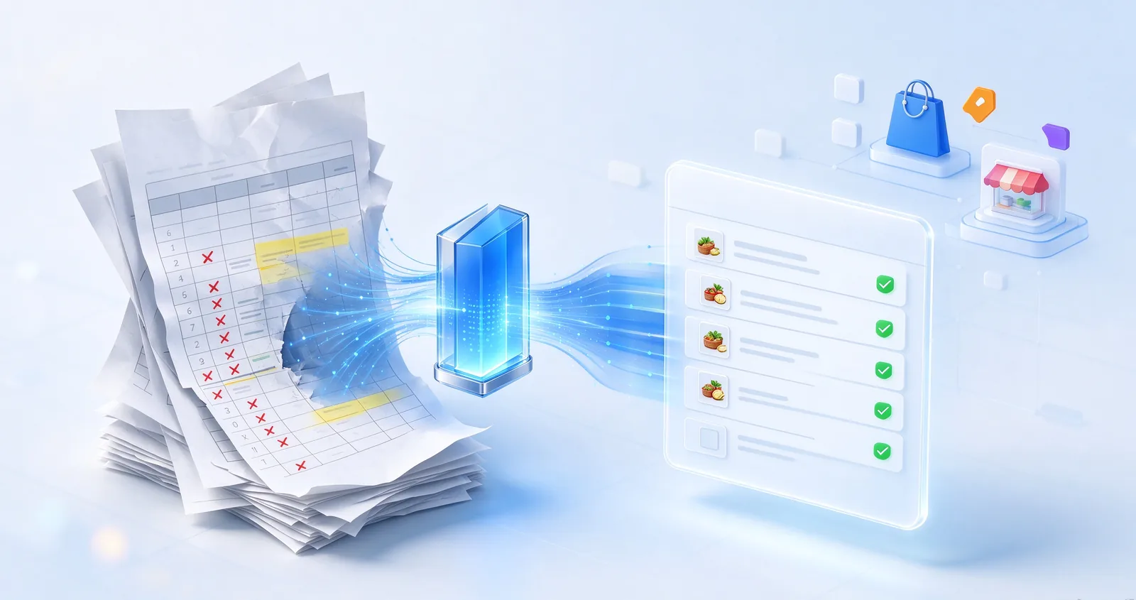 A messy, crumpled supplier spreadsheet with red errors flows through a glowing blue glass prism and comes out as a clean, checked-off product table